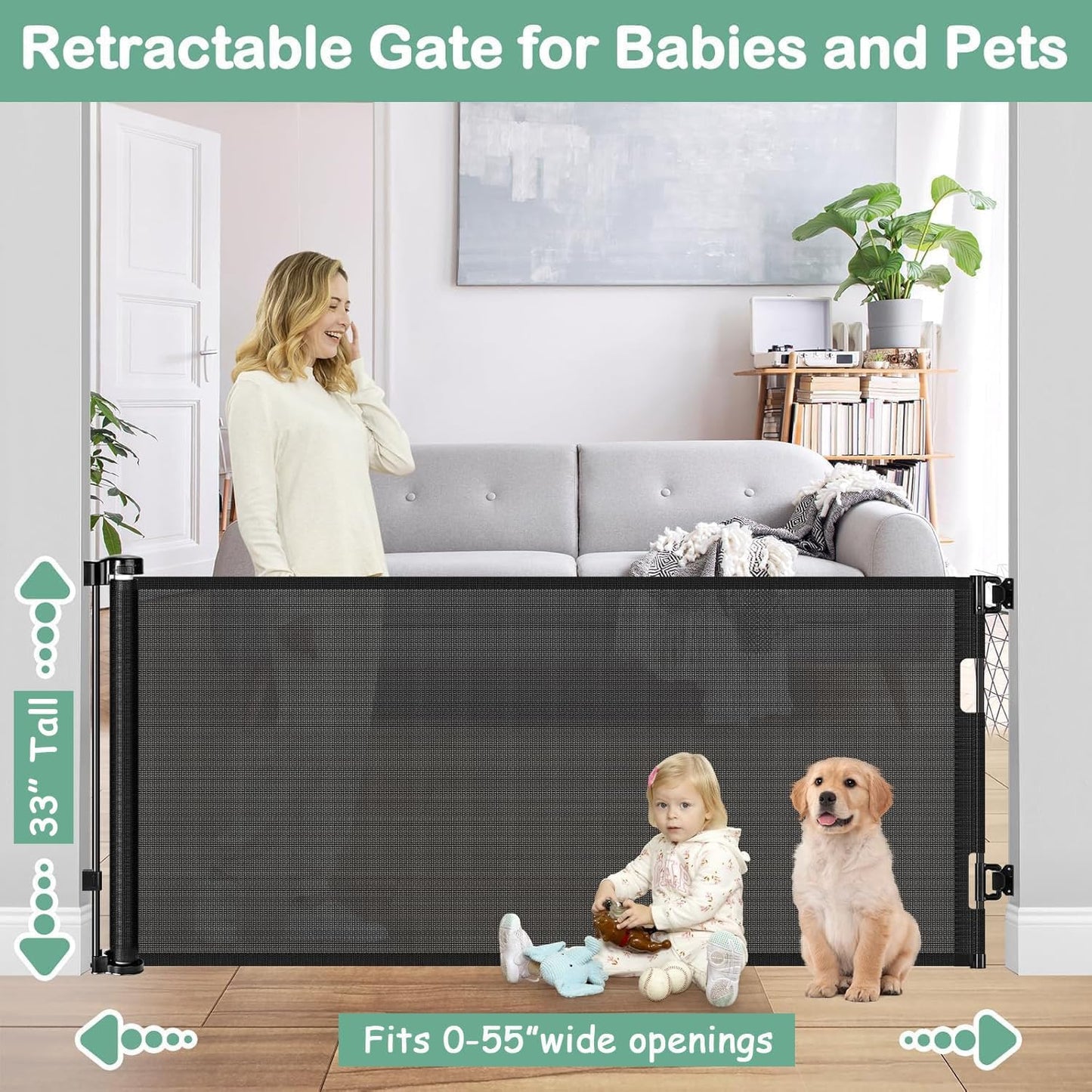 55 Inch Retractable Dog Gate Outdoor Scratch-Resistant Mesh Baby Gate for Stairs Retractable Baby Gates for Doorways Anti-Climb Outdoor Dog Gates for Decks Keep Kid/Pet away from Dangerous Place, Gray