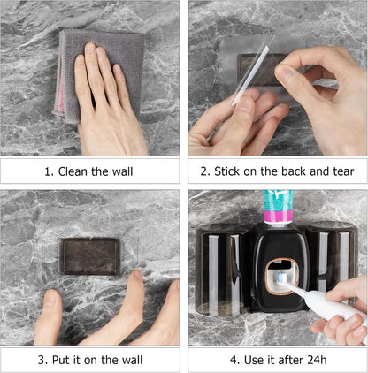 4 Slots Wall Mount Toothbrush Holder with Cover, Self Adhesive Toothbrush Storage Organizer for Shower, Toothbrush Hanger with 2 mouthwash Cups for Bathroom, Medicine Cabinet, Dorm (Black)