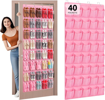 40 Large Mesh Pocket Over the Door Shoe Organizer,Hanging Shoe Rack for Door,Hualleko Shoes Organizer Hanger with Large Capacity, Shoes Storage Holder Sturdy Non-woven Fabric - Stores 20 Pairs (White)