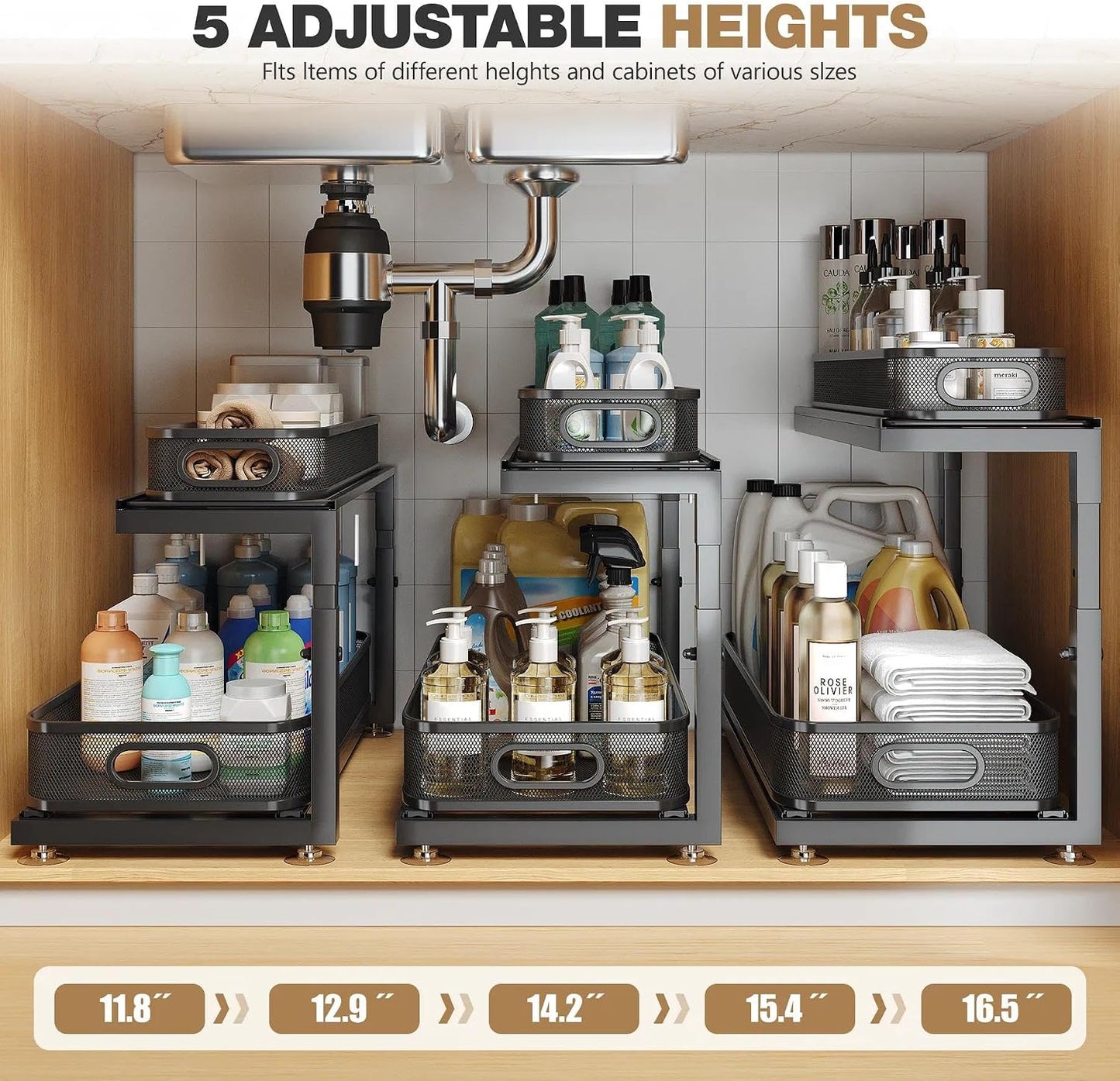 2-Pack Under Sink Storage Organizer with 2-Tier Slide Out Drawer, Sophisticated Mesh Pull Out Shelf for Kitchen & Bathroom, Fits Small Items, Upgraded Arched Track for Smooth Gliding(Patented)