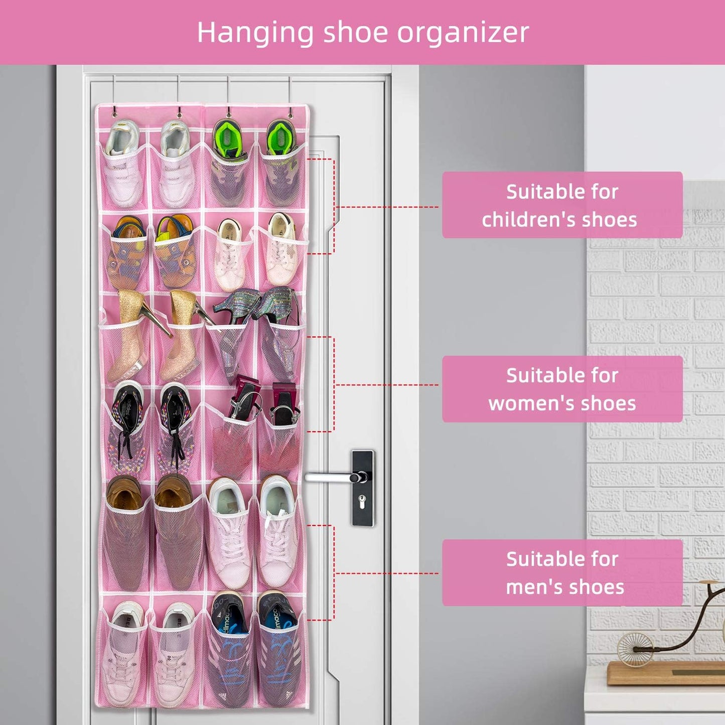 SAVERHO Over the Door Shoe Organizer, Hanging Shoe Organizer with 24 Mesh Large Pockets Door Shoe Rack Organizer for Men Women Kids Hanging Shoe Storage Bag.(White