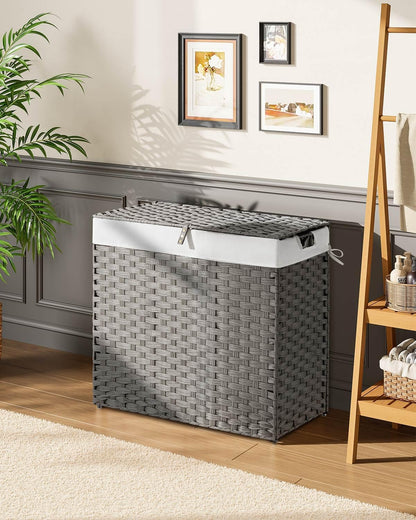 Greenstell Laundry Hamper with 2 Removable Liner Bags, Foldable Divided Clothes Hamper, 90L Handwoven Rattan Laundry Basket with Lid and Handles, No Assembly Needed, 18.3x13.3x24 Inches, Black