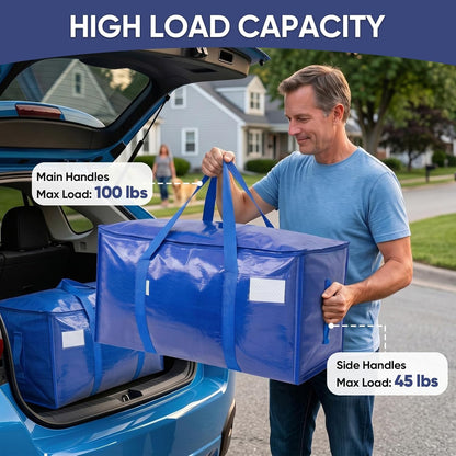 TICONN 4 Pack Extra Large Moving Bags Heavy Duty with Zippers & Carrying Handles, Durable Storage Bags Moving Boxes for Closet Organizers and Storage (4 Pack, Blue)
