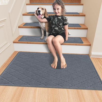 KOOTETA Stair Treads for Wooden Steps Indoor, 15 Pack 8" X 30" Non Slip Carpet Stair Treads with Reusable Adhesive for Kids Elders and Dogs, Surface Polyester TPR Backing Stair Runner Rugs, Dark Grey
