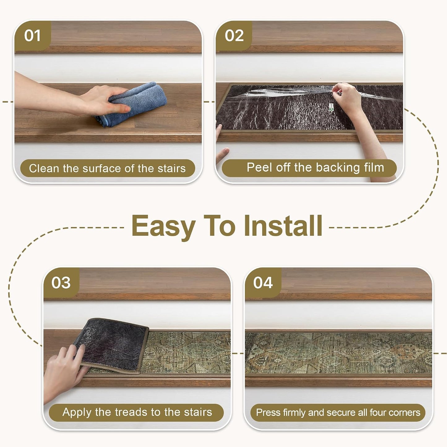 sarben Non Slip Stair Treads for Wooden Steps 15PCS - 8"x30" Indoor Safety Carpet, Edging Mats with TPE Adhesive Backing, Pet and Elderly Friendly Stair Rugs (Taupe) - Colors A