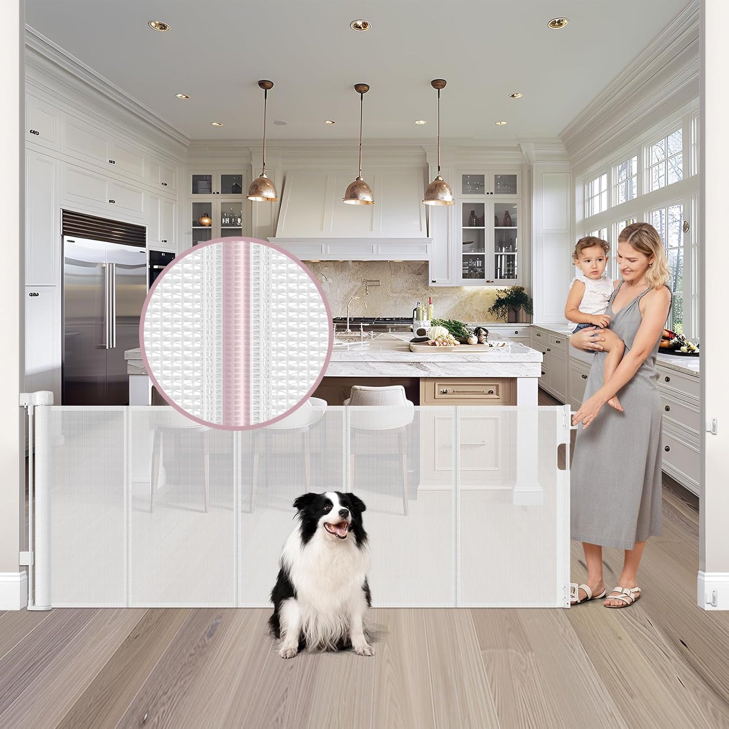 Reinforced 72" Wide Retractable Dog Gate with Support Rods - Prevent Crawling Under Extra Wide Baby Gate Retractable Gate Outdoor, Retractable Pet Gate Long Dog Gate, Mesh Gates for Kids or Pets, Gray