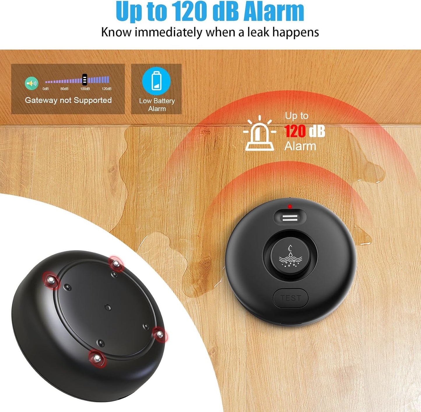5 Pack Water Leak Alarm Detector, 120dB Loud Alert Water Sensor, IP66 Waterproof, Sensitive Leak and Drip Alert, Easy Installation for Home, Basement Flood Prevention, Bathroom, Sink, Laundry