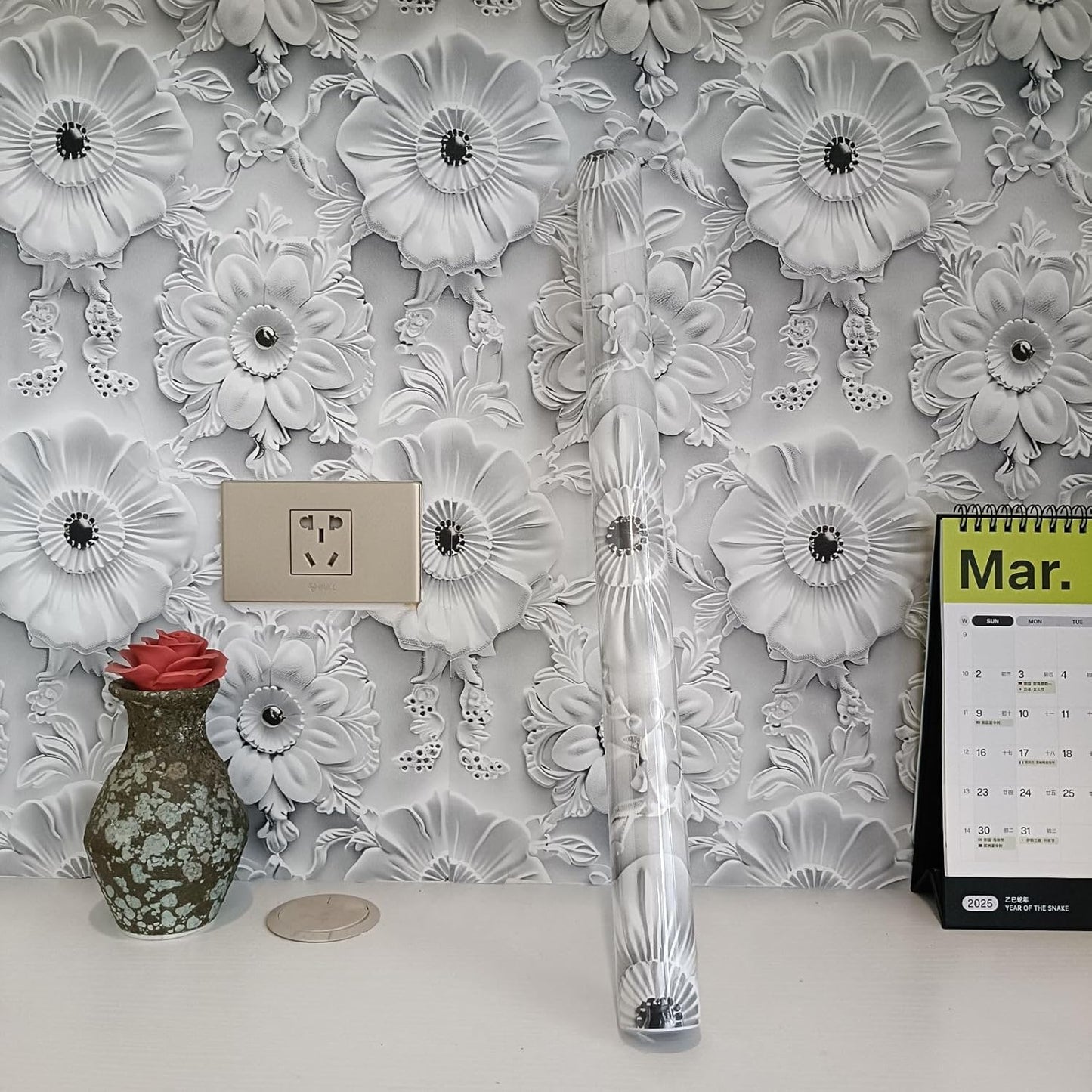 Grey White Floral Peel and Stick Wallpaper Modern Removable Self Adhesive Vinyl Contact Wall Paper with Printed 3D Visual Effect Flowers for Bedroom Bathroom Living Room 17.7" X 70.8"