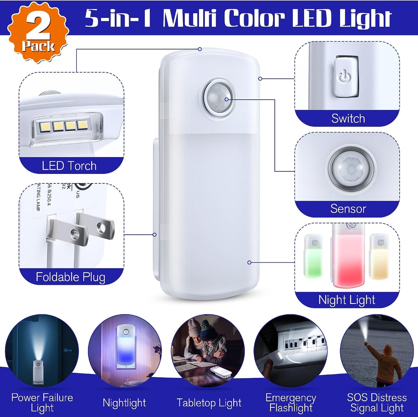 Enhon Emergency Power Failure Night Lights, 5-in-1 Multi Color LED Light, Rechargeable Flashlight with Foldable Plug, Automatic On Off Motion Sensor for Bedrooms, Hallways, Black Outs(3 Pack)