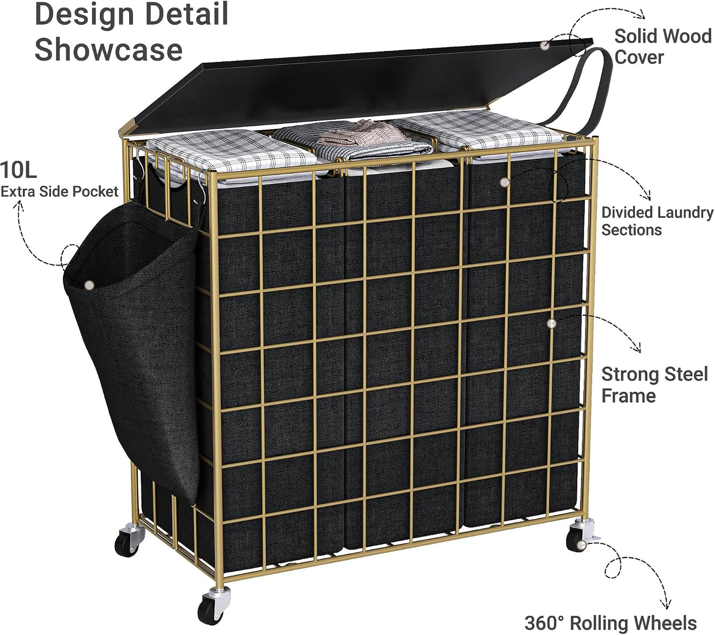 Laundry Basket with Wheels, Heavy Duty Laundry Sorter 2 Sections, 120L (32Gal.) Large Capacity Laundry Hamper with Wood Lid, 360 Rolling Wheels, Extra Side Pocket, Leather Pull Handle, Beige