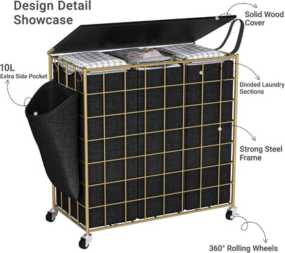 Laundry Basket with Wheels, Heavy Duty Laundry Sorter 2 Sections, 120L (32Gal.) Large Capacity Laundry Hamper with Wood Lid, 360 Rolling Wheels, Extra Side Pocket, Leather Pull Handle, Beige
