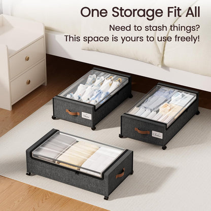 Yecaye Under Bed Storage with Wheels, 2 Pack Under Bed Storage Containers, 60L Underbed Shoe Storage with Clear Window & Label, Rolling Under Bed Metal Drawer for Clothes, Shoes, Books, Blankets