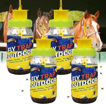 4 Fly Traps Outdoor Fly Trap with 4 Dissolvable Bait Refills, Reusable Hanging Bug Catcher Killer Bottle for Outside Bug Control Patio Yard Ranch Barns Stable, Hanging Rope, Brush Included