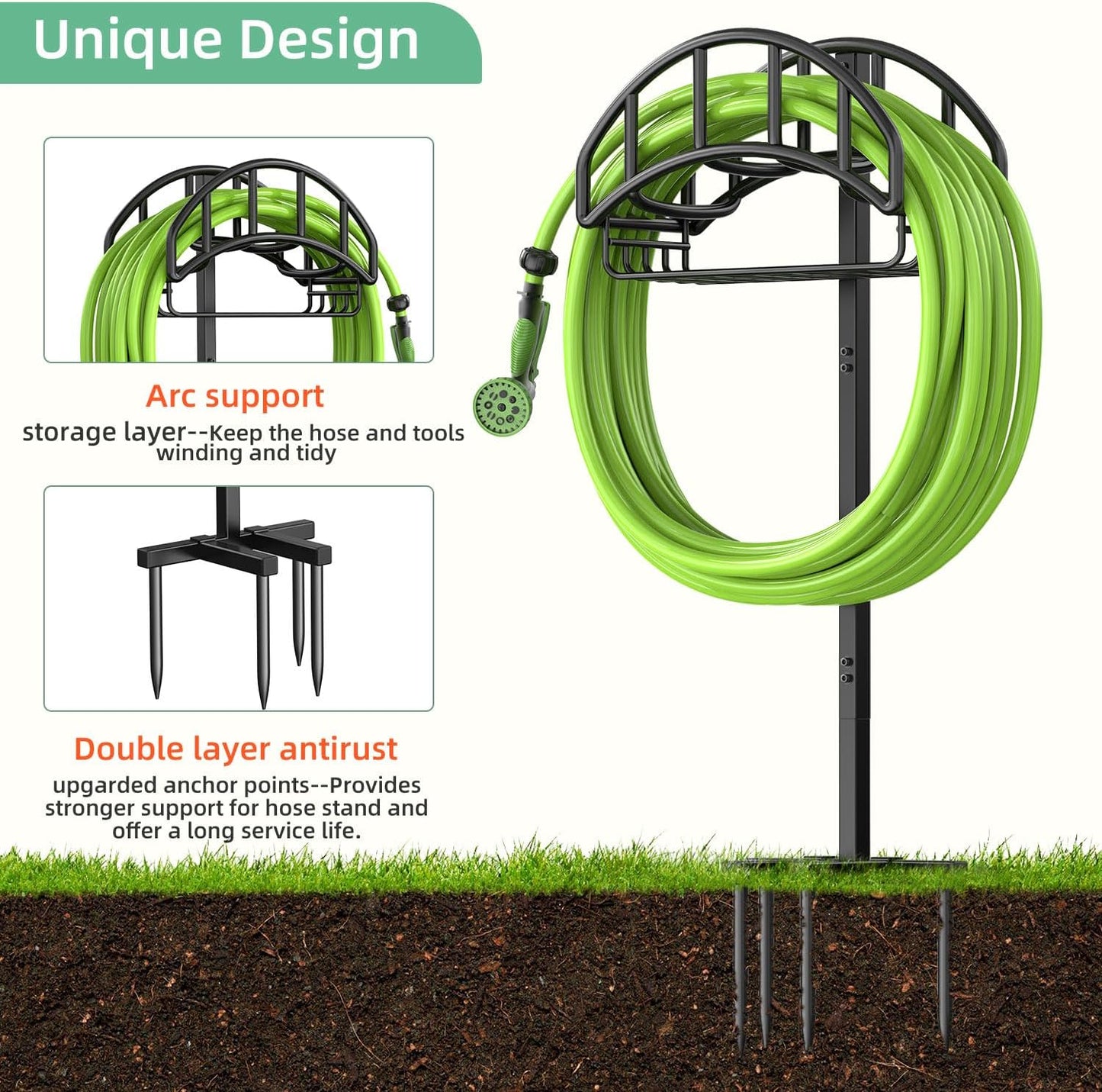 Garden Hose Holder Reel, Upgraded Metal Hose Reels Holds 150ft Hose, Heavy Duty Freestanding Water Hose Holders, Detachable Hose Storage Hanger for Outside - Fan-Shaped
