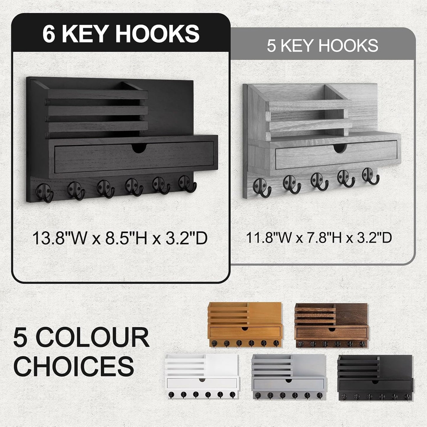 Key Holder Wall Mount, Mail Holder with Storage Drawer and 5 Key Hooks for Coat, Dog Leash, Home Decor Rack, House Accessories, Entry Way Organizer