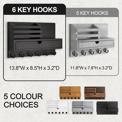 Key Holder Wall Mount, Mail Holder with Storage Drawer and 5 Key Hooks for Coat, Dog Leash, Home Decor Rack, House Accessories, Entry Way Organizer