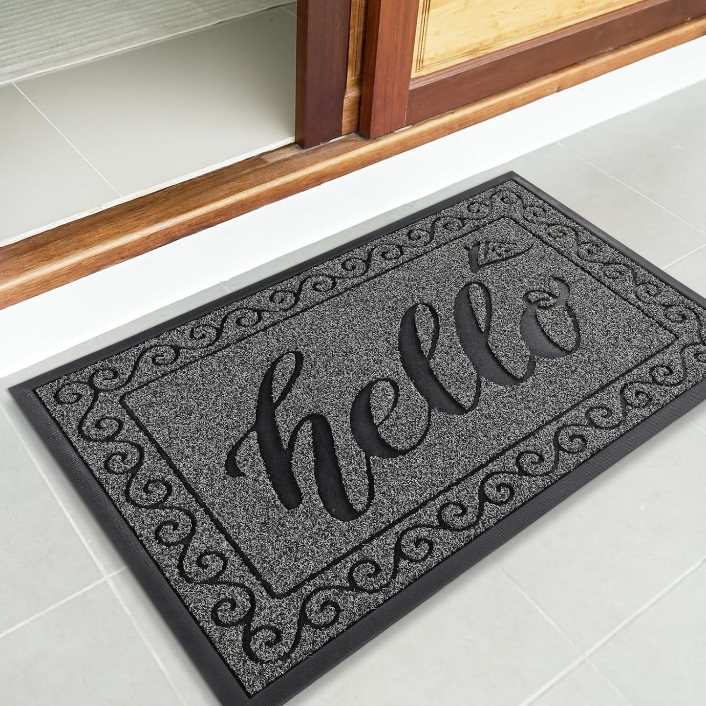 Yimobra Welcome Mat, Heavy Duty Sturdy Door Mats for Home Entrance Outdoor Indoor, Front Doormat for Outside Patio Floor Entry Porch Garage Office, Waterproof, Low Profile, 29.5x17, Black Grey