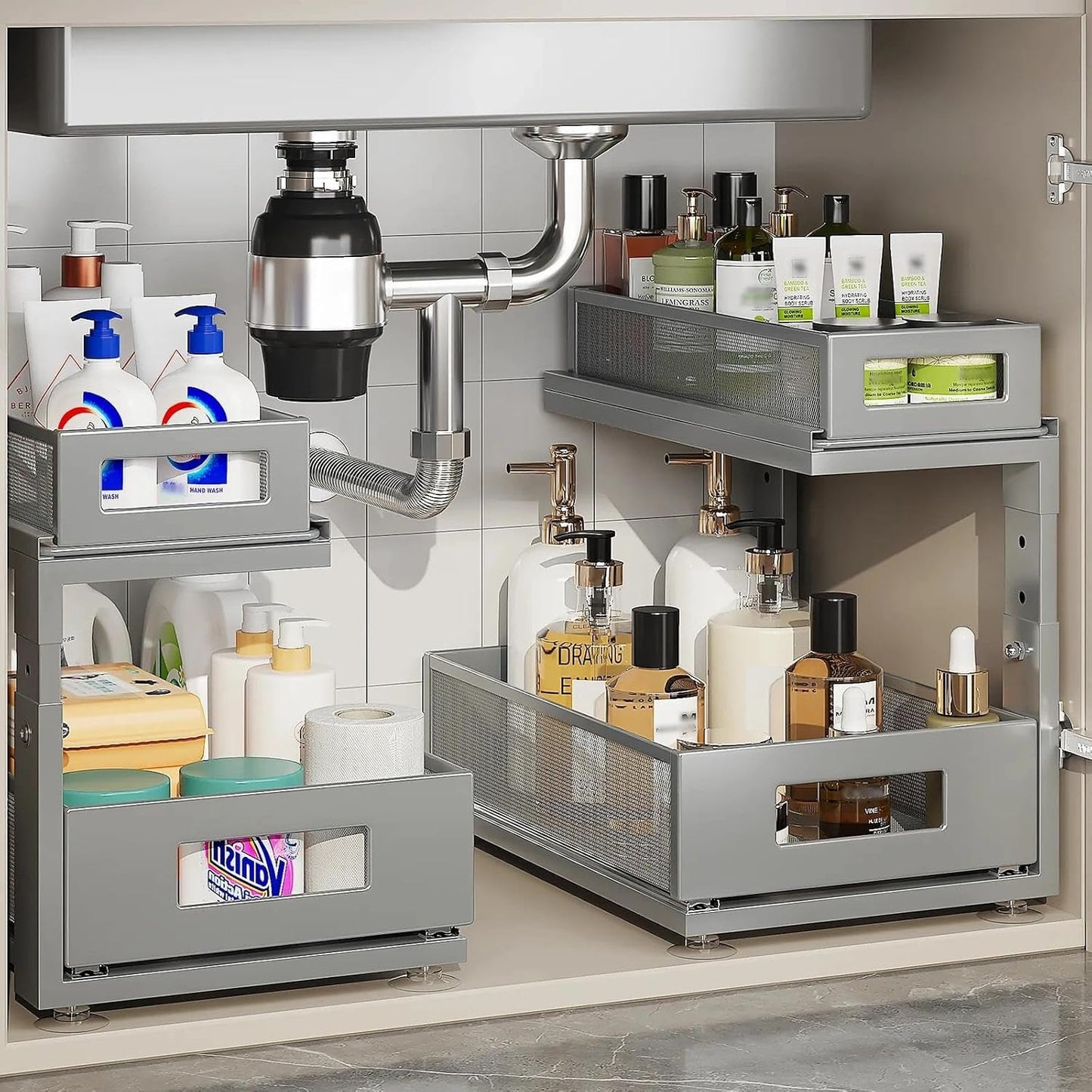 2 Pack Under Sink Organizer with Next-Gen Ball-Bearing Slides,2-Tier Pull Out Cabinet Storage,Height Adjustable Drawer Shelf for Bathroom,Kitchen,Laundry,Cabinet,Pantry(Patent Pending)