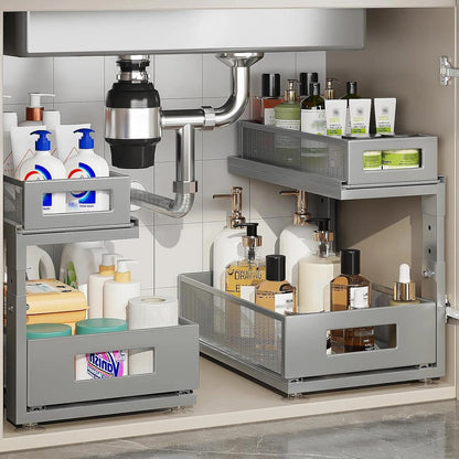 2 Pack Under Sink Organizer with Next-Gen Ball-Bearing Slides,2-Tier Pull Out Cabinet Storage,Height Adjustable Drawer Shelf for Bathroom,Kitchen,Laundry,Cabinet,Pantry(Patent Pending)