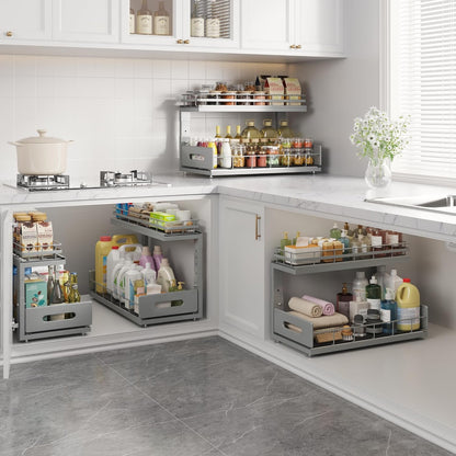 Under Sink Organizer Upgrade To Professional Rails,2-Tier Dual Pull Out Cabinet Storage,Height Adjustable Slide Out Drawers For Bathroom Kitchen,2 Pack-14.5" Dx12.8-16.9" H,White