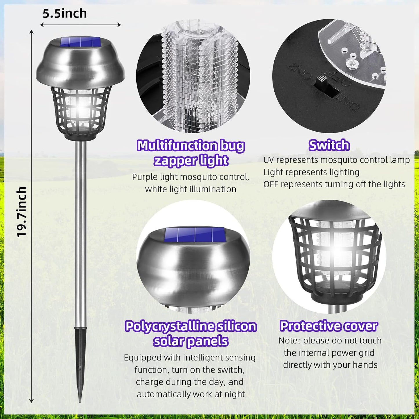 Solar Bug Zapper Outdoor Waterproof Mosquito Repellent Outdoor Patio Mosquito Trap & Killer for Backyard, Farm, Garden, 2026 Solar Powered Fly Zapper for Small Flying Insect, Gnats, Flies, Moths(4)