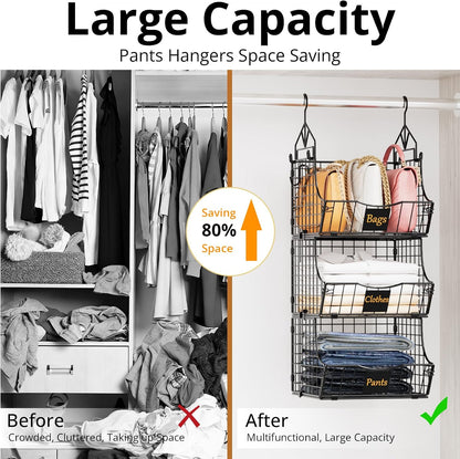 Hanging Closet Organizers and Storage, 3 Tier Closet Shelf Clothes Organizer with 2 S-Hooks, Multi-Functional Iron Wire Baskets, for Clothing, Sweaters, Handbags, Hat, Canned