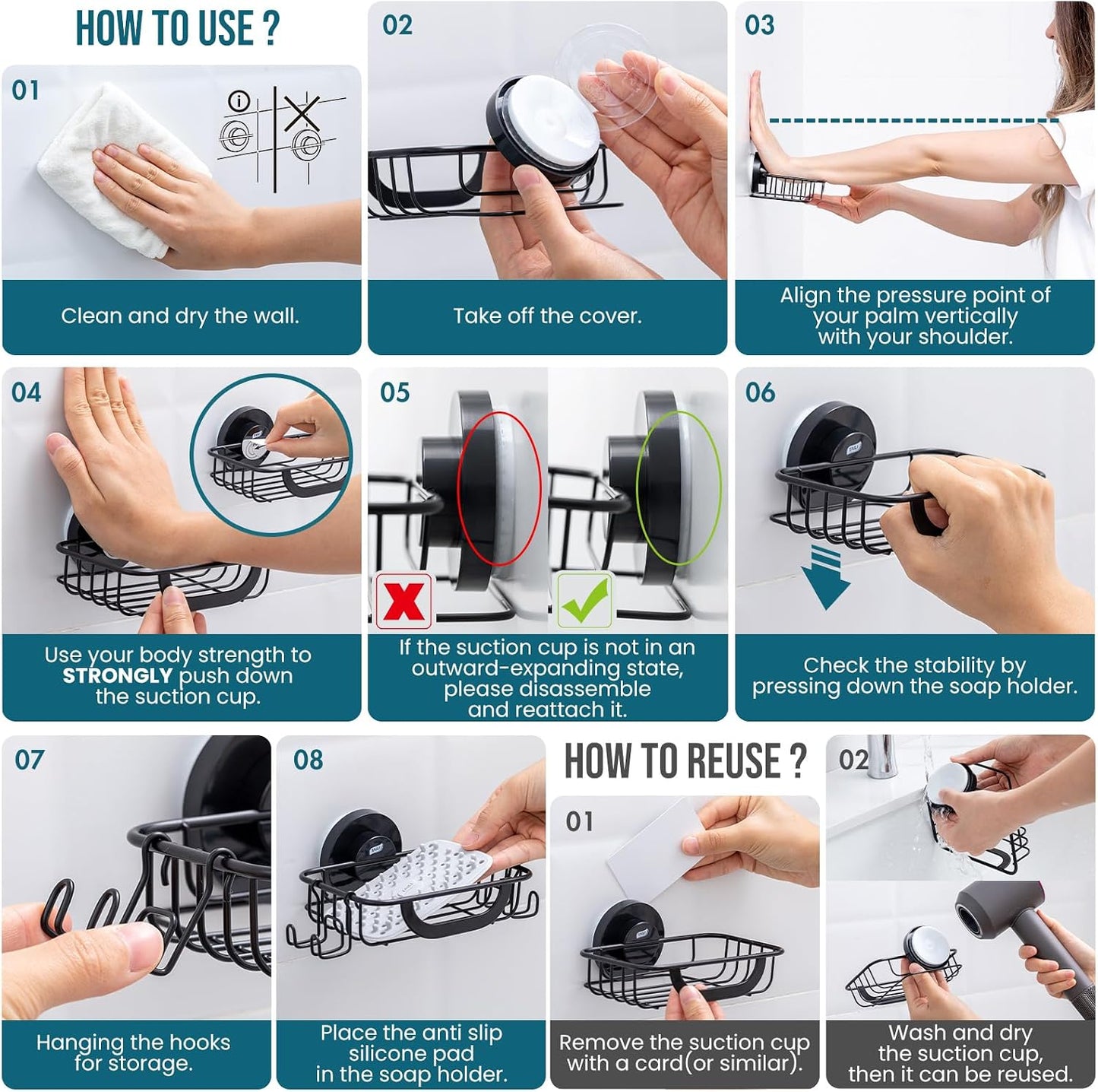 TAILI Soap Holder for Shower – Suction Cup Bar Soap Dish with Hooks, Rustproof Stainless Steel, Self-Draining Sponge Holder with Razor Holder for Bathroom & Kitchen, Black