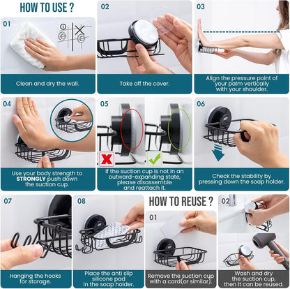 TAILI Soap Holder for Shower – Suction Cup Bar Soap Dish with Hooks, Rustproof Stainless Steel, Self-Draining Sponge Holder with Razor Holder for Bathroom & Kitchen, Black