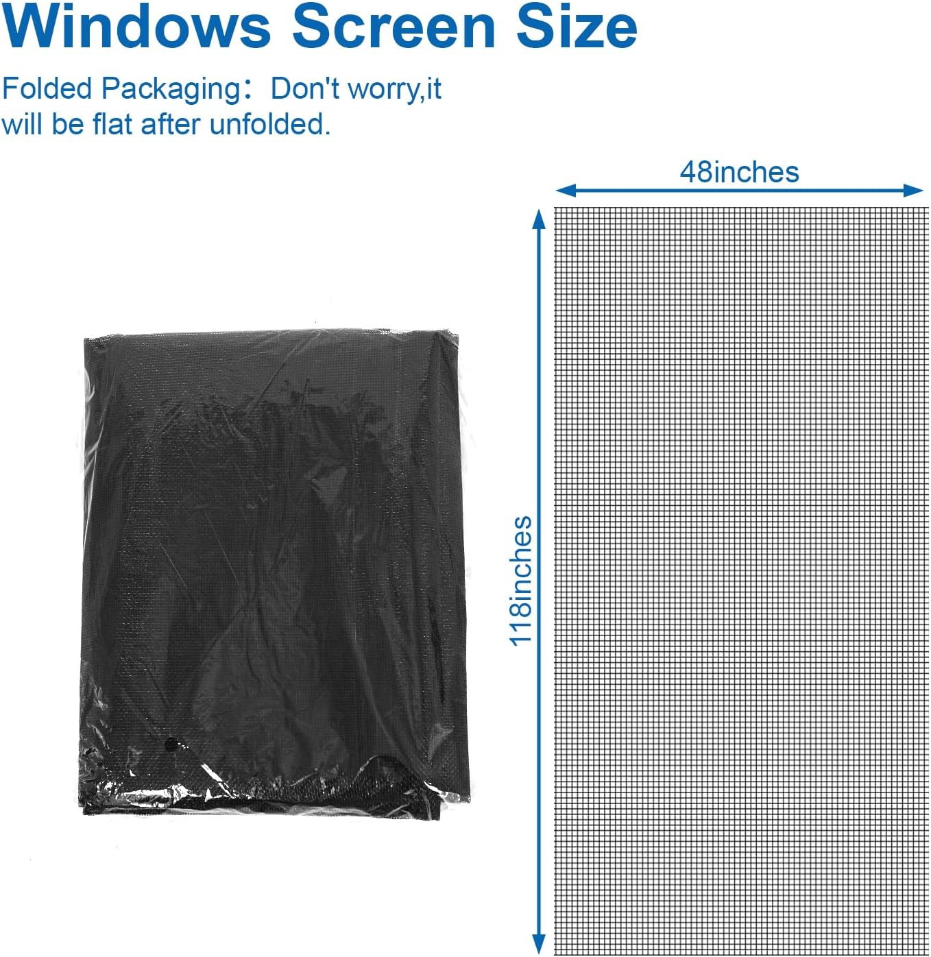 4PCS Window Screen Door Repair and Replacement Kit, 48"x118" Fiberglass Screen Mesh, 0.125" x 40' TPE Spline,Spline Roller and Remove Hook, Window Screen and Sliding Screen Door Replacement