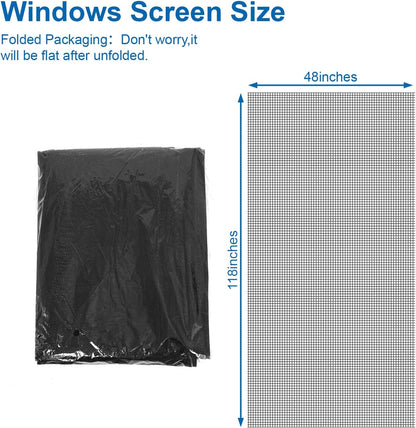 4PCS Window Screen Door Repair and Replacement Kit, 48"x118" Fiberglass Screen Mesh, 0.125" x 40' TPE Spline,Spline Roller and Remove Hook, Window Screen and Sliding Screen Door Replacement