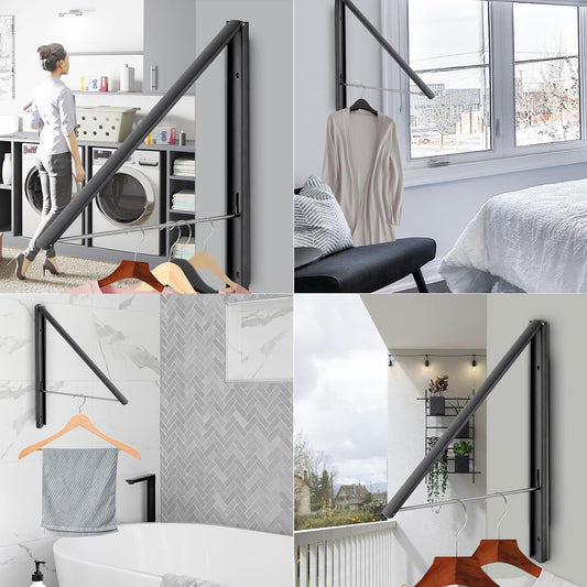 Foldable Clothes Drying Rack, Dark Gray | Wall Mounted, Retractable, 0.43'' Thickness, Space Saving, Aluminum