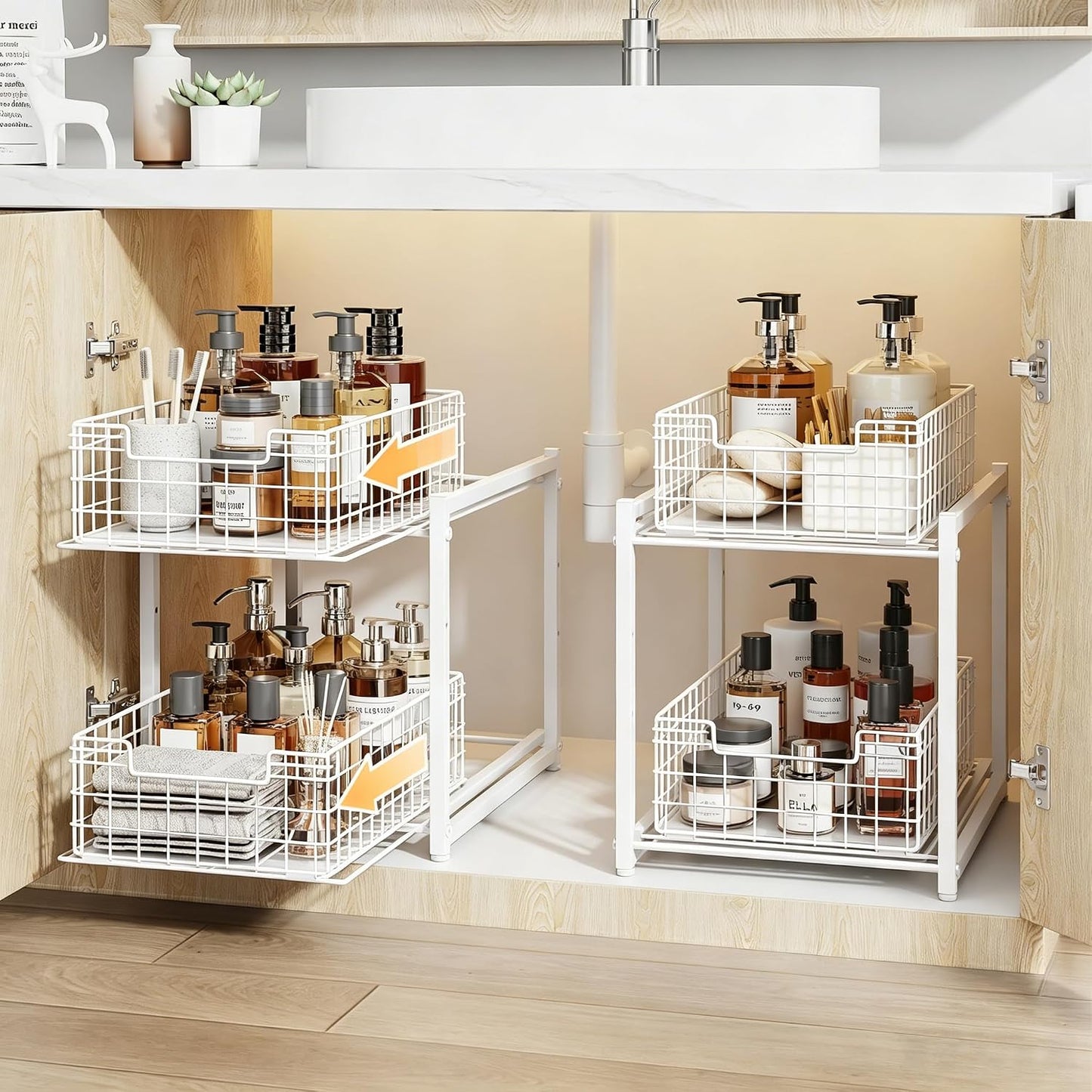 Under Sink Organizer, 2-Tier Pull Out Cabinet Organizer, Kitchen Bathroom Organizer and Storage, Spice Rack for Kitchen, Multi-use Sliding Drawers Shelves, Pack of 2