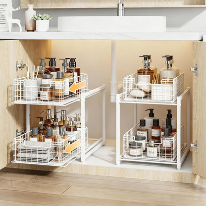 Under Sink Organizer, 2-Tier Pull Out Cabinet Organizer, Kitchen Bathroom Organizer and Storage, Spice Rack for Kitchen, Multi-use Sliding Drawers Shelves, Pack of 2