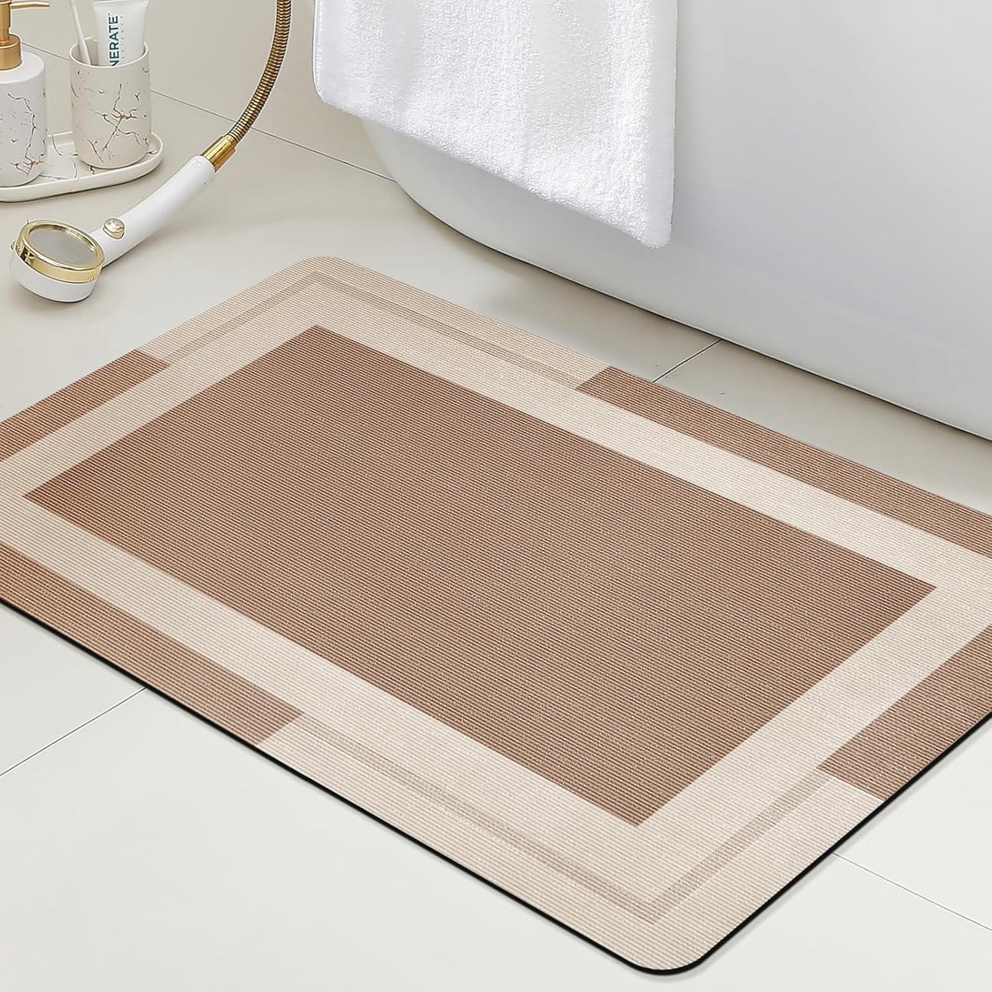 ACCUMTEK Non Slip Bath Mat, Thin Bathroom Rugs Fit Under Door, Quick Dry Bath Mats, Machine Washable Bath Rugs for Bathroom, Bathtub & Kitchen, Grey/Bordered/24 x17