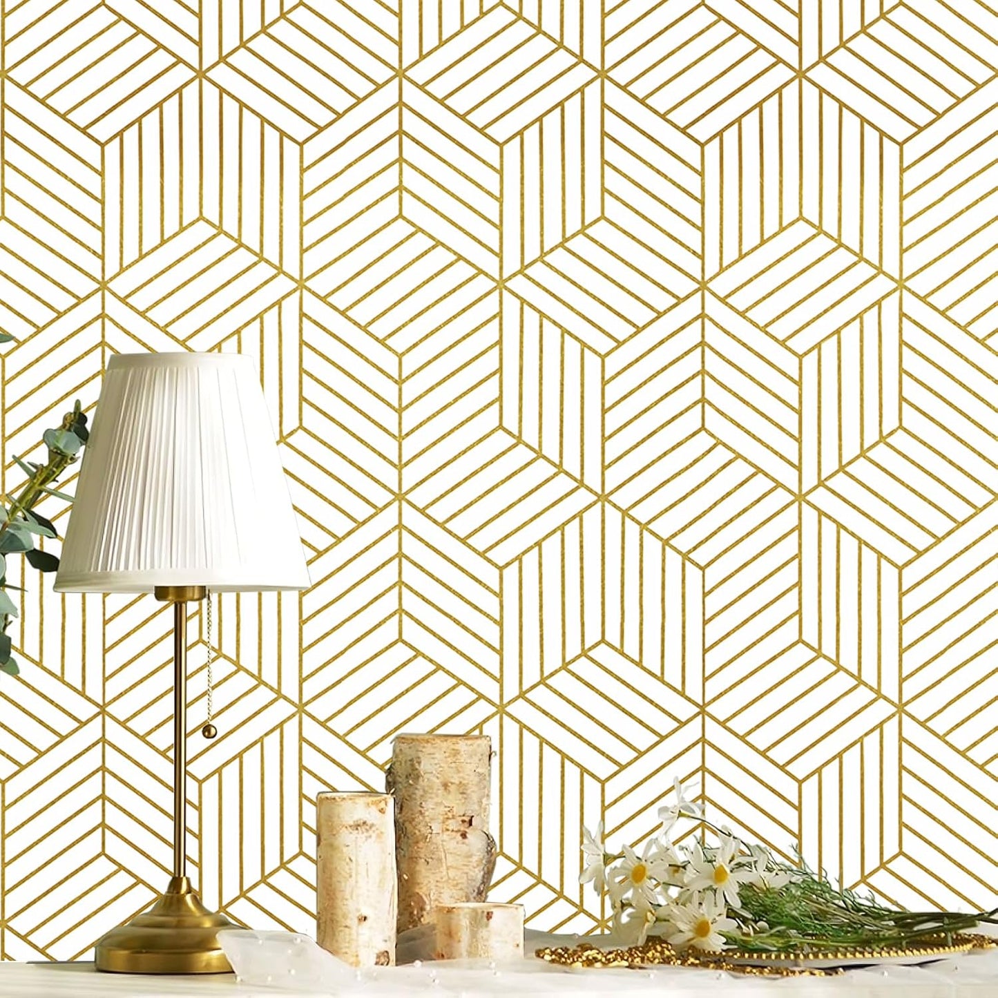 CiCiwind Wallpaper Peel and Stick Modern White and Gold Contact Paper Peel and Stick Geometric Removable Self Adhesive Wall Paper for Bedroom Renter Friendly Papel Tapiz para Pared 15.7"x118"