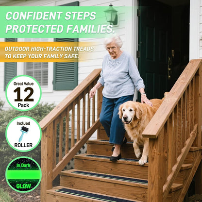 6" x 30" Anti Slip Traction Treads Tape (12-Pack), Pre-Cut Grip Tape for Stair Steps Outdoor, Waterproof Black Non Slip Stair Treads for Floor Safety, Easy to Install