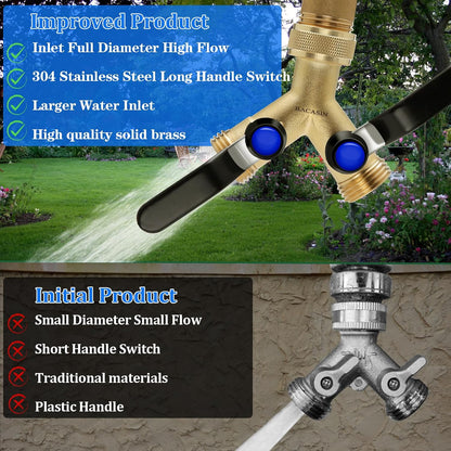 Brass Garden Hose Splitter 2-Way Heavy Duty - 3/4" GHT Threads with 2×304 Stainless Steel Handles, High Flow Design for Efficient Water Distribution