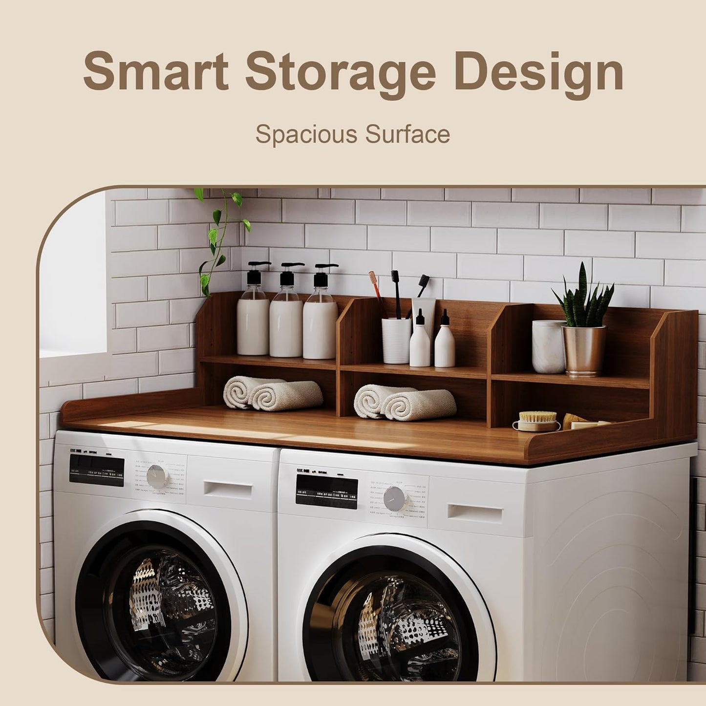 ChooChoo 2-Tier Washer Dryer Countertop with Adjustable Shelf, Spacious Laundry Room Storage for Folding Clothes and Efficient Organization, Walnut