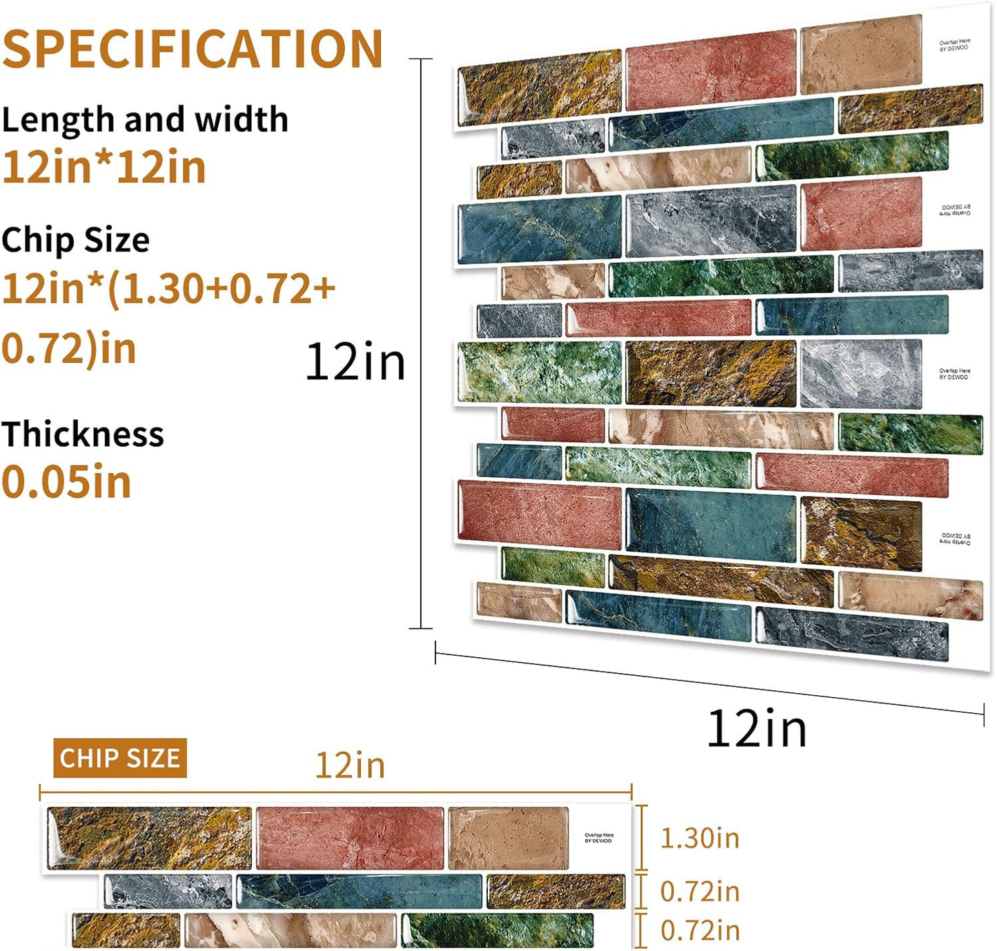 DEWOO Peel and Stick on Self Adhesive Backsplash Wall Marble Tiles Stickers 3D for Kitchen Bathroom,Spliced Blue (10-Sheet, 12"×12")