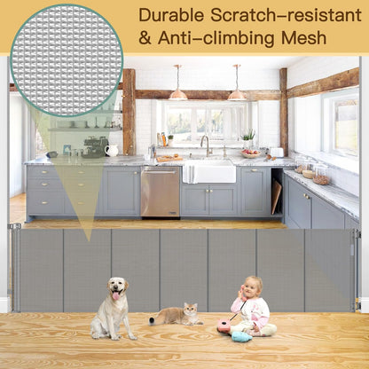 Reinforced 55" Wide Retractable Baby Gates with Reinforced Strips, Indoor/Outdoor Retractable Dog Gate for Doorway Prevent Bottom Drilling Through, No Bottom Bar Safety Mesh Baby Gate for Stair, Black
