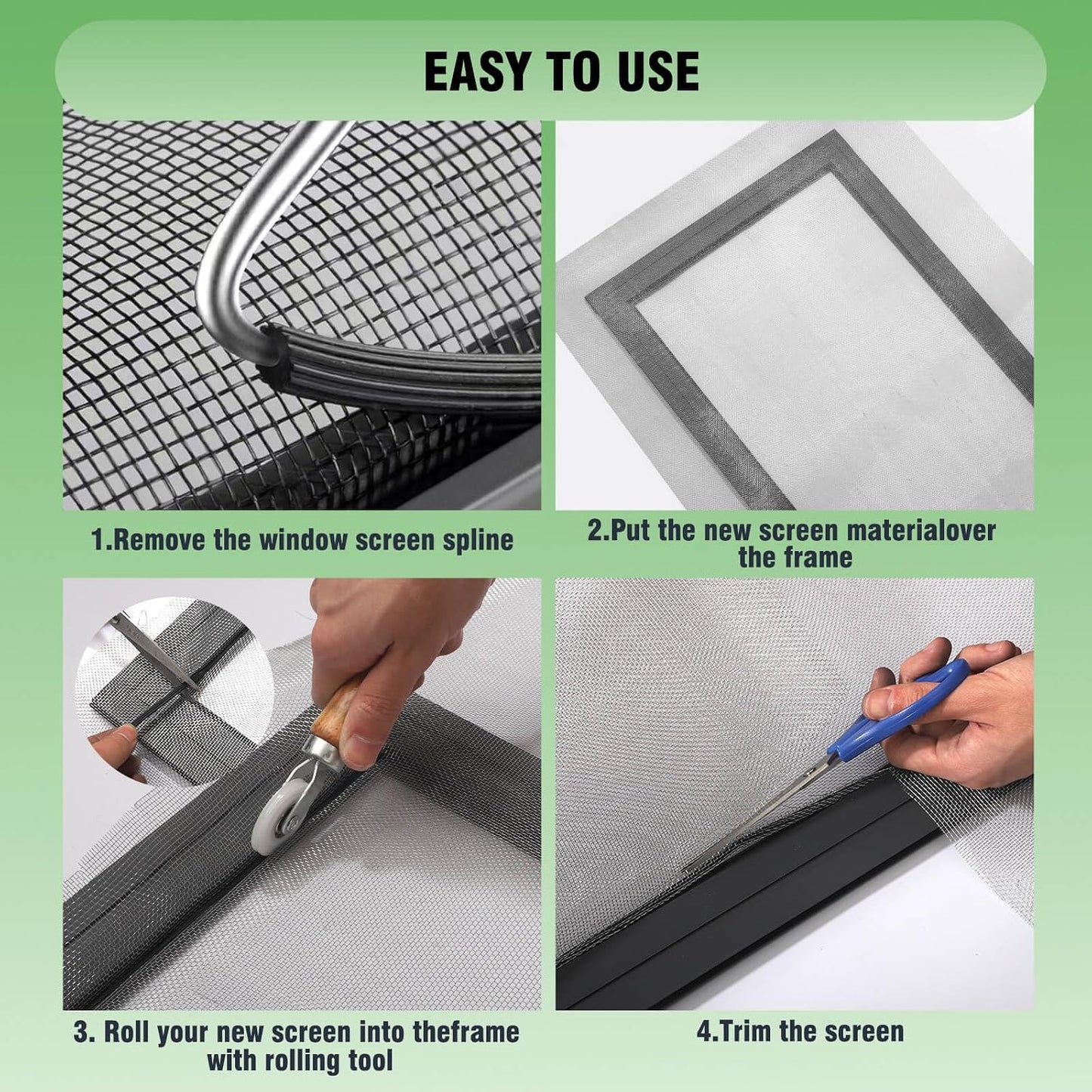 Aluminum Screen Roll with Spline & Rolling Tool – Pet-Resistant Durable Aluminum Window Screen, Screen Repair Kit for Rescreening Windows and Doors