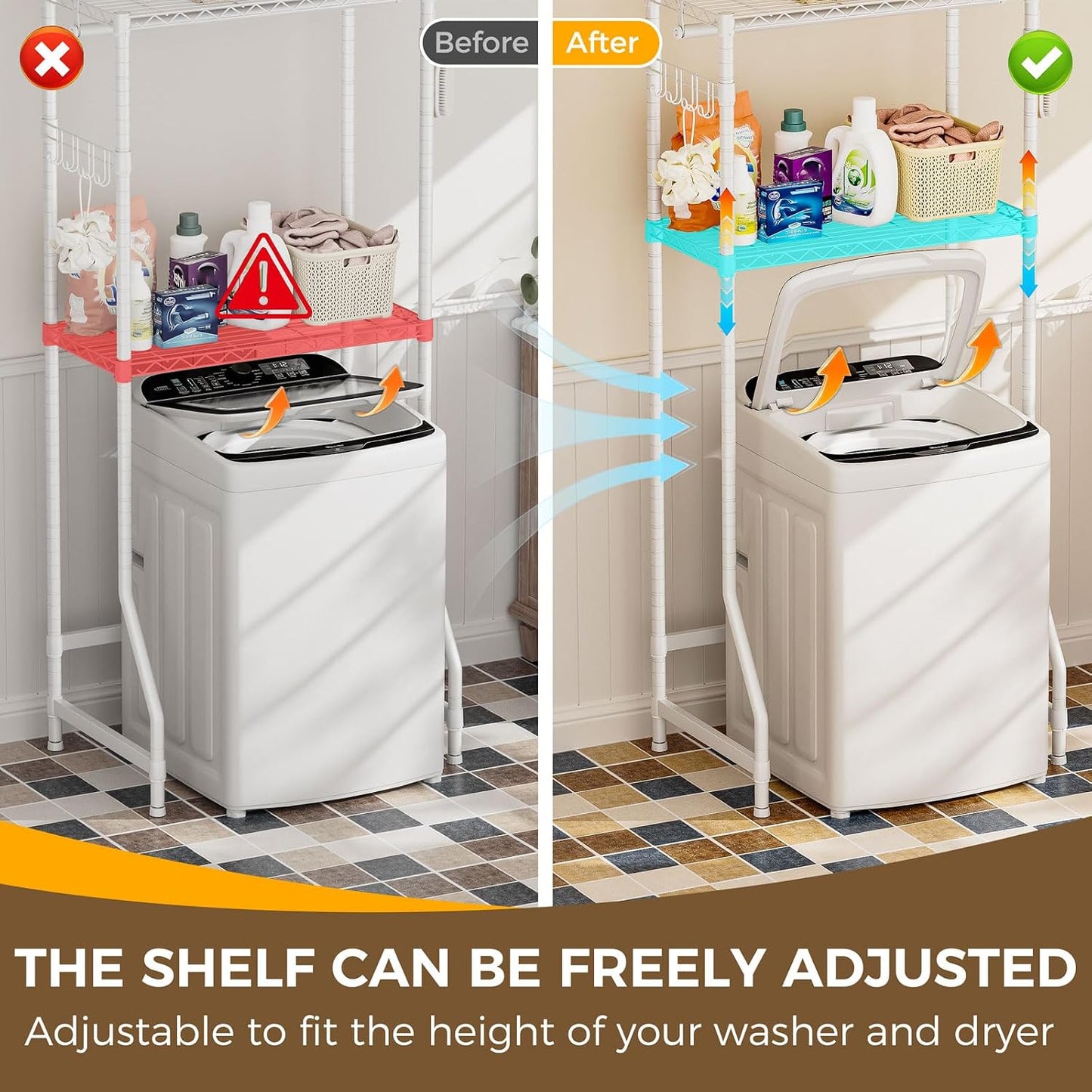 Golpart Over Washer and Dryer Shelves,Heavy Duty Laundry Room Storage Organization Clothes Drying Rack,5 Tier Adjustable Height Wire Shelving and Wire Basket with Hanger Rod&Hook,Space Saving Shelf