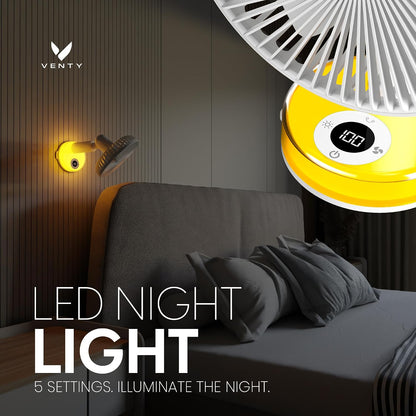 VENTY Portable Clip Fan - Rechargeable 10-Hour Battery Portable Fan - 360° Rotation & 90° Tilt - Stroller, Desk or Bedside - Aromatherapy & LED Light - USB-C cable & Carrying Pouch