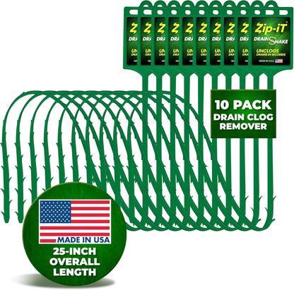 Zip-it Hair Clog Remover, 25-inch Drain Unclogger Tool for Shower, Tub & Sink In Seconds - Reusable Snake D Hair Removal Tool, Flexible Snake Non-toxic - Green (10-Pack)