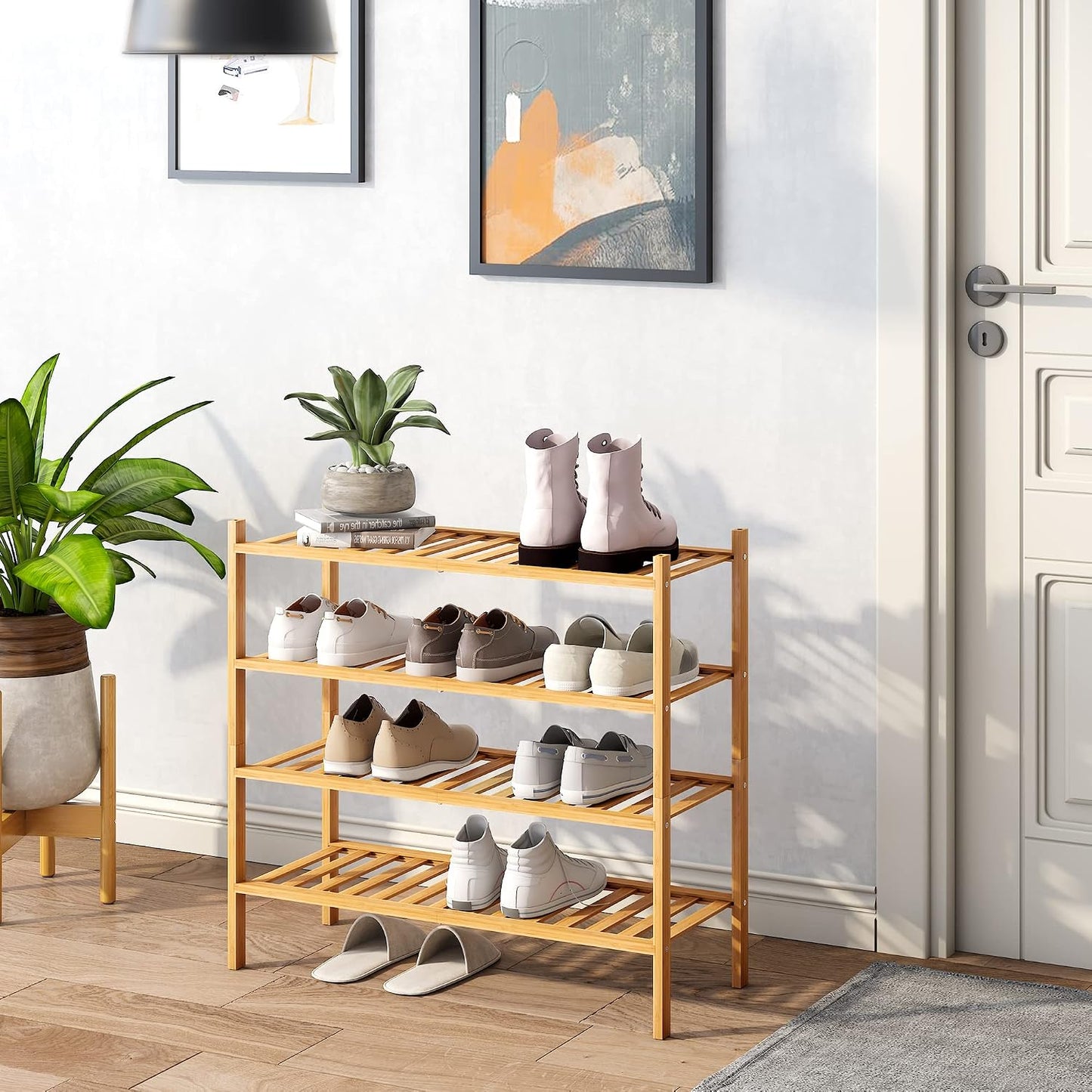 BMOSU 2-Tier Bamboo Small Shoe Rack Premium Stackable Shoe Shelf Storage Organizer for Hallway Closet Living Room Entryway Organizer (Black Bamboo)