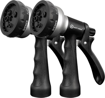 AUTOMAN Garden Hose Nozzle - 2 Pack, 100% Metal High Pressure Spray Nozzle, Labor-Saving Design, Heavy Duty for Garden Watering, Car Washing, Window Cleaning, Pets Bathing