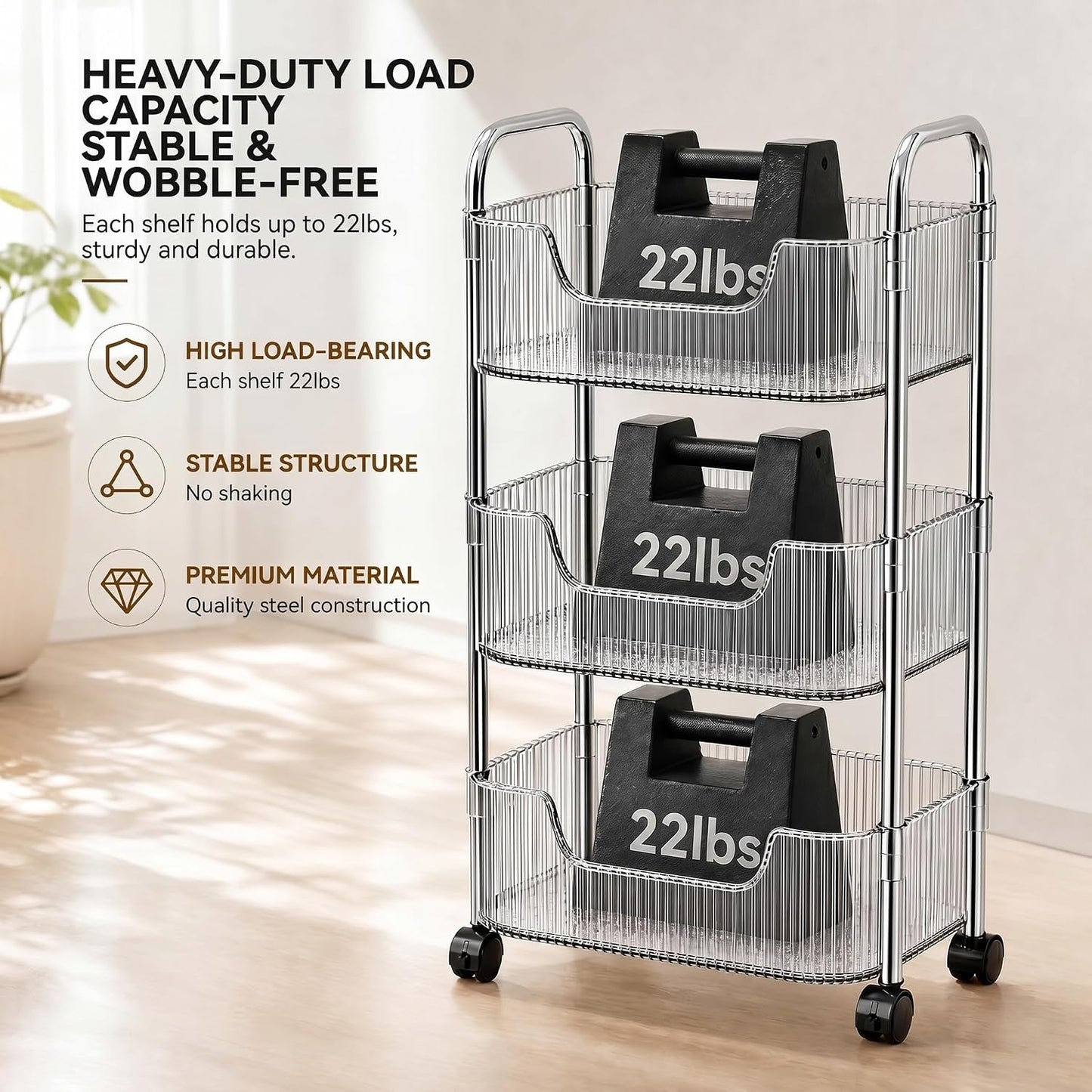 3 Tier Rolling Cart with Lockable Wheels, Clear Acrylic Slim Utility Cart, 13" x 8.3" x 26" Narrow Storage Organizer for Bathroom, Kitchen, Office - Lightweight & Tool-Free Assembly (Clear)