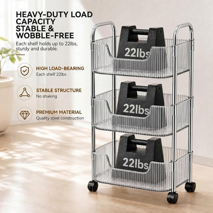 3 Tier Rolling Cart with Lockable Wheels, Clear Acrylic Slim Utility Cart, 13" x 8.3" x 26" Narrow Storage Organizer for Bathroom, Kitchen, Office - Lightweight & Tool-Free Assembly (Clear)