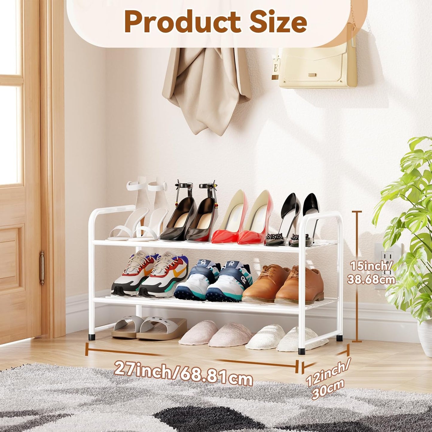 Simple Shoe Rack 2 Tier 27 Inch Wide, Heavy Duty Metal Closet Shoe Organizer Shelf for Entryway, Front Door, Black