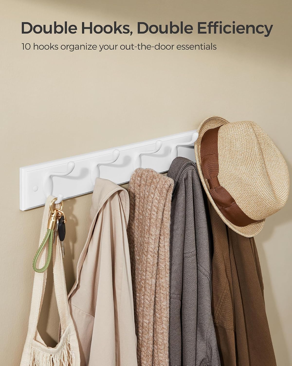 SONGMICS Wall-Mounted Coat Rack, Hook Rack, 4 Dual Metal Hooks, White | For Coats, Bags, Keys, in the Entryway, Bedroom, Living Room ULHR23WT